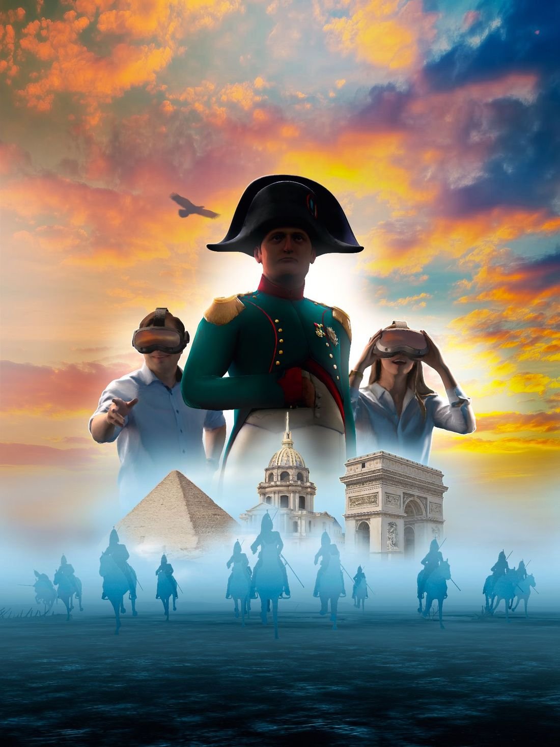 Napoleon VR affiche: de keizer met twee VR-spelers en een cavalerielading in de mist